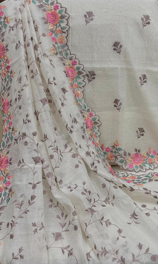 Siron C  Designer Mul Chanderi Embroidered Collection -Creme Dark Brown Suit