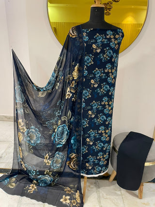 Navy Blue Beige Digital Print Crepe Suit- Unstitched