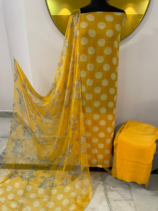 SironC Floral Georgette Printed-Polka Yellow White Suit