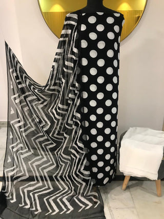 SironC Floral Crepe Printed-Polka Black White Suit