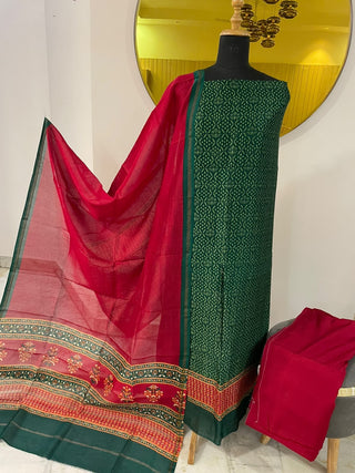 Maheshwari Cotton Printed Collection-Bottle Green Suit