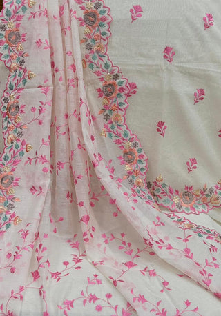 Siron C  Designer Mul Chanderi Embroidered Collection -Creme Pink Suit