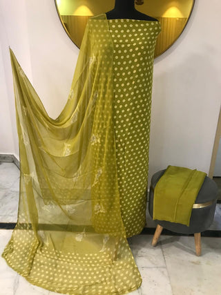 Polka Crepe Digital Printed-Mehendi Green White Suit