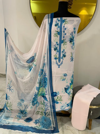 Ivory Azure Digital Print Crepe Suit- Unstitched