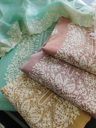 Siron C Mal Chanderi Applique Embroidery Suit Set- Peach