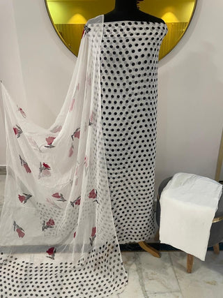 SironC Floral Georgette Printed-Polka White Black Suit