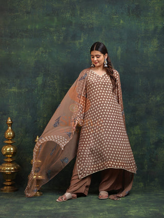 Digital Crepe Polka Printed- Stitched-Brown White Suit
