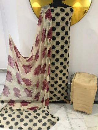 SironC Floral Georgette Printed-Polka Off White Black Suit