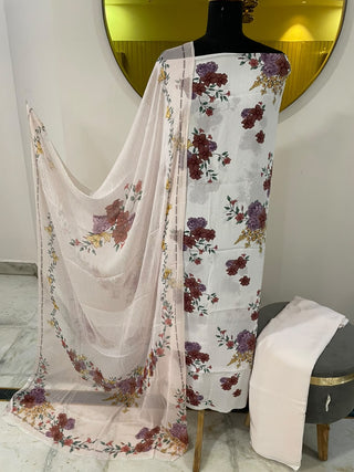 White Purple Digital Print Crepe Suit- Unstitched