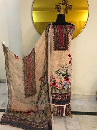 Digital Crepe Printed-Beige Red Suit