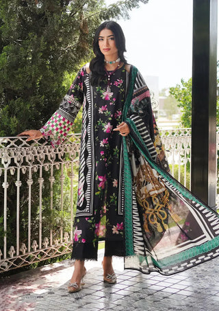 Dark Floral Black suit set with a lawn shirt and voile dupatta
