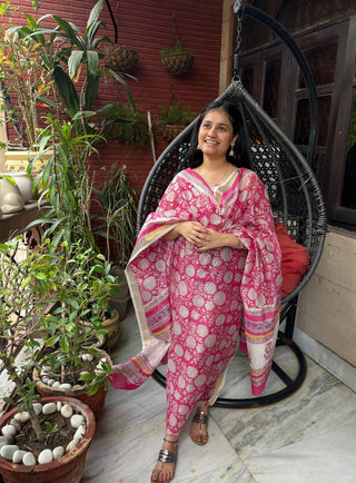 Chanderi Block Printed-Pink Suit