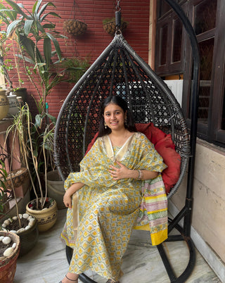 Chanderi Block Printed-Yellow Suit