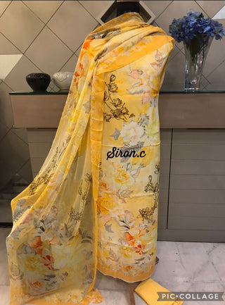 A super soft 60gm crepe digital printed with floral and Pakistani prints and a digitally printed chiffon dupata 