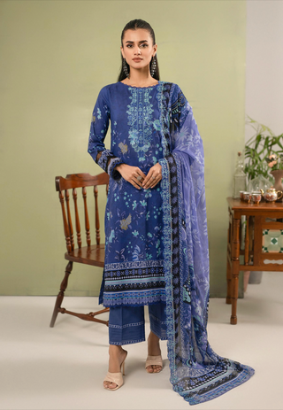 A soft Hania digital printed lawn suit featuring exquisite embroidery, paired with a digitally printed chiffon dupatta adorned with intricate cutwork embroidery, offering a blend of elegance and contemporary style.