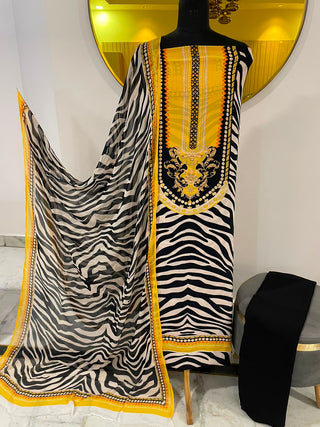 Siron C Digital Crepe Printed-Yellow Black White Suit