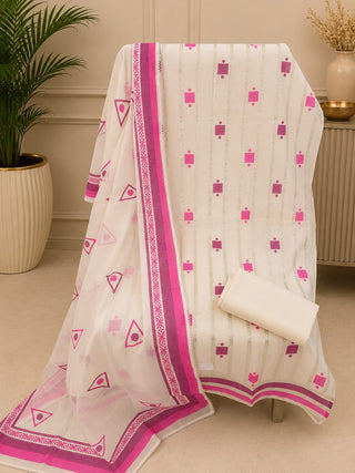 Siron C Neon Cotton Block Print with Gotta Collection- Creme & Magenta Suit