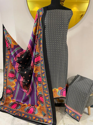 Black Purple Satin Silk Printed Suit – Unstitched