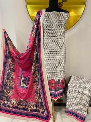 Siron C Satin Silk Printed Suit Collection -Off White Magenta Suit