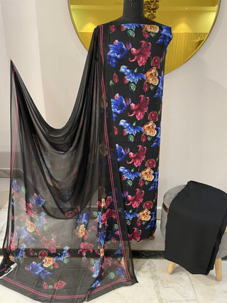 Naaz Blue & Black Printed Crepe Suit – Unstitched