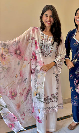 Mogra Mehak Crepe Suit in White- Stitched