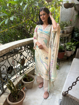 Bubblegum Swirl Crepe Suit in Pink and Aqua
