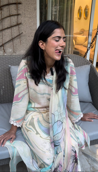 Bubblegum Swirl Crepe Suit in Pink and Aqua