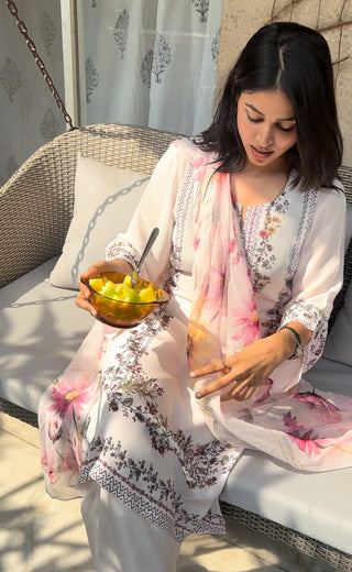 Mogra Mehak Crepe Suit in White- Stitched