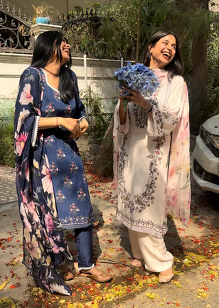 Mogra Mehak Crepe Suit in White- Stitched