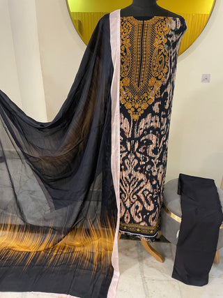 Digital Crepe Printed- Beige Black Yellow Suit