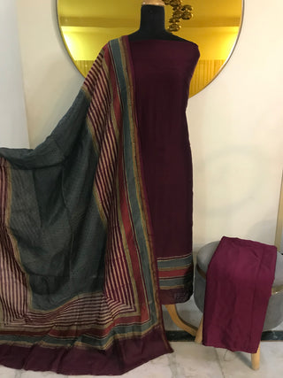 Maheshwari Cotton Printed- Wine Suit