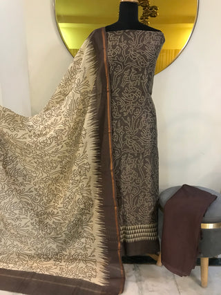 Maheshwari Cotton Printed-Dark Brown Suit