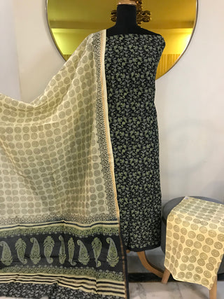 Maheshwari Cotton Printed-Creme Black Grey Suit