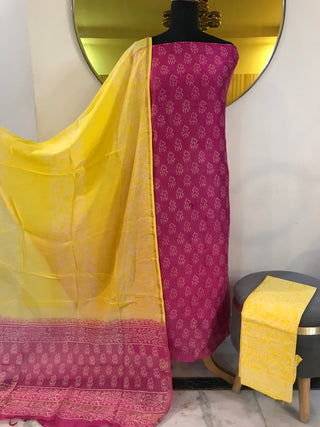 Maheshwari Cotton Printed-Magenta Suit