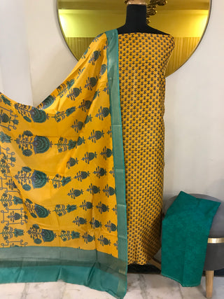 Maheshwari Cotton Printed-Yellow Green Suit