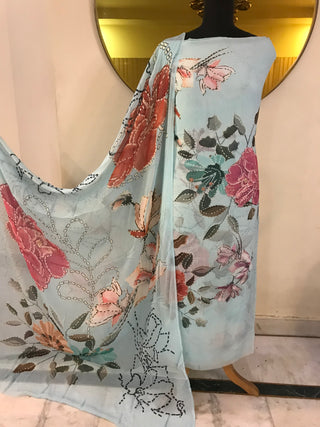 SironC Floral Georgette Printed-Sky Blue Suit