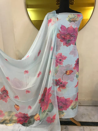 SironC Floral Georgette Printed-Blue Yellow Suit