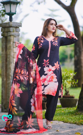 Gulmohar Hue Crepe Suit in Black- Stitched