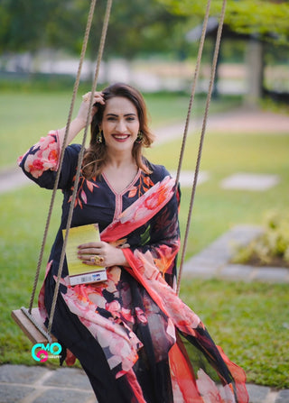 Gulmohar Hue Crepe Suit in Black- Stitched