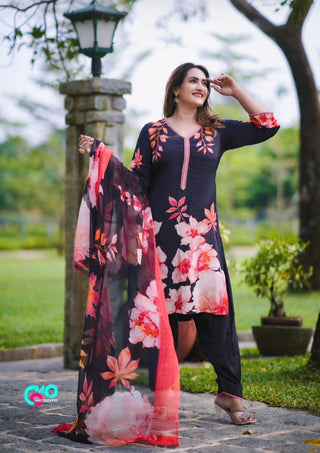 Gulmohar Hue Crepe Suit in Black- Stitched