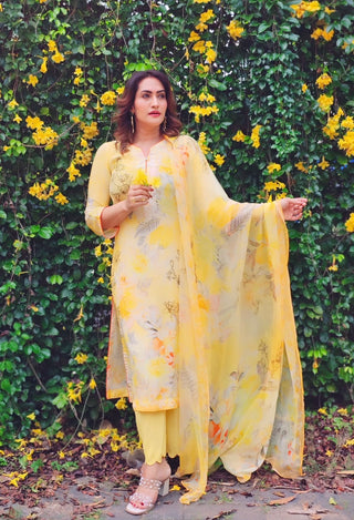 Mango Muse Crepe Suit in Yellow- Stitched