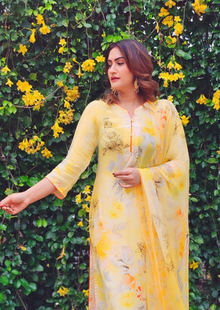 Mango Muse Crepe Suit in Yellow- Stitched