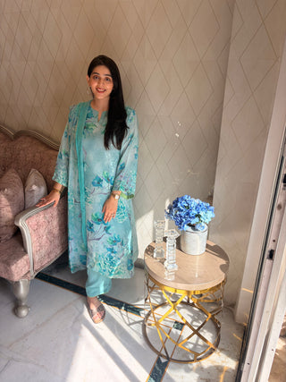 Neer Mogra Crepe Suit in Light Blue- Stitched