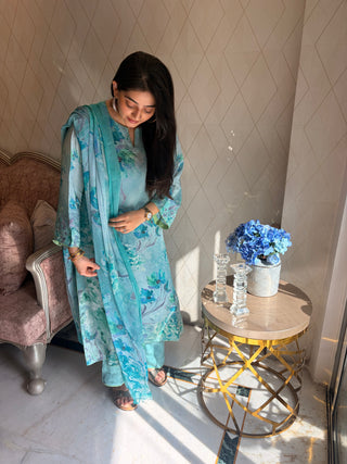 Neer Mogra Crepe Suit in Light Blue- Stitched