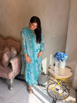 Neer Mogra Crepe Suit in Light Blue- Stitched