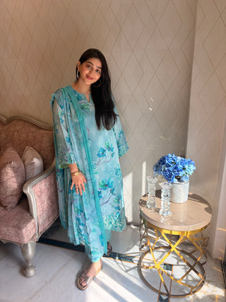 Neer Mogra Crepe Suit in Light Blue- Stitched
