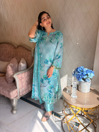 Neer Mogra Crepe Suit in Light Blue- Stitched