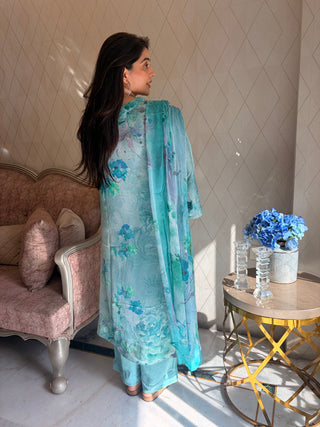 Neer Mogra Crepe Suit in Light Blue- Stitched