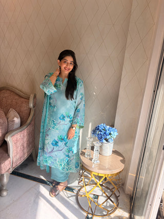 Neer Mogra Crepe Suit in Light Blue- Stitched