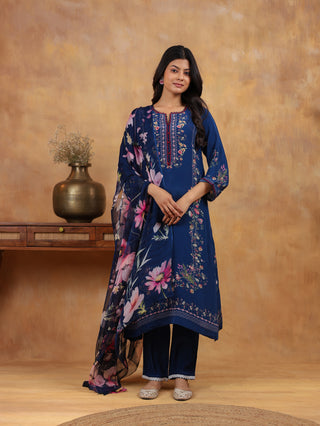 Noor-e-Neel Crepe Suit in Blue- Stitched